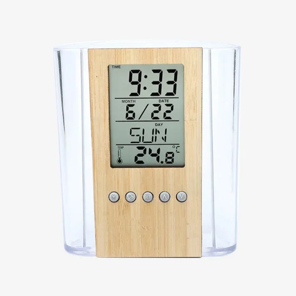 Reloj Porta Lapiceros Cristal Bambú